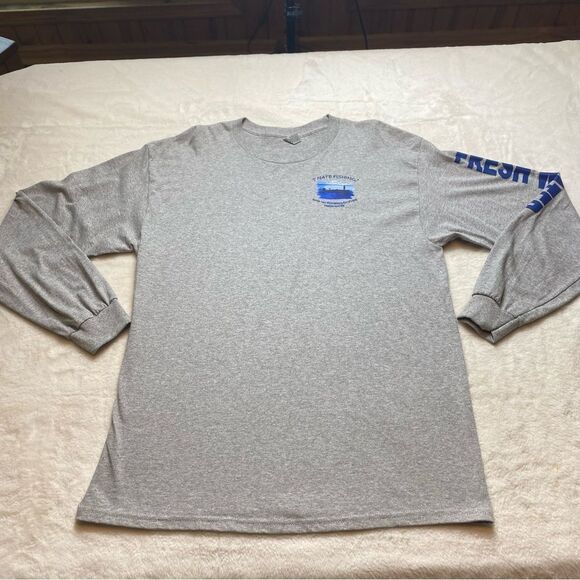 Fresh Water Gildan Ultra Cotton Long Sleeve Crew Neck Gray Shirt - Picture 1 of 9